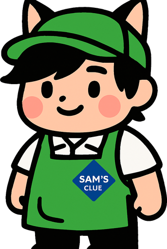 Es una trabajador de sams club, adorable, cabello un poco de emo, un poco cacheton y orejas de gatito en forma de diadema por encima de su gorra
 con gorra verde y mandil verde, playera polo blanca y pantalon negro.
In-Game asset.  High contrast.  No shadows