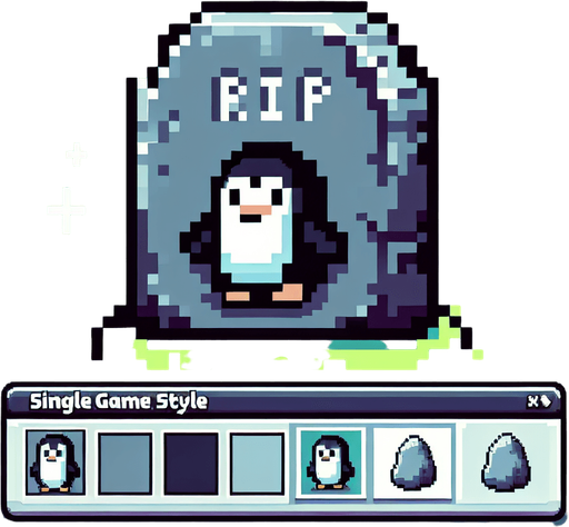 penguin RIP stone. pixelated. 8 bit. Single Game Texture. In-Game asset. 2d. Blank background. High contrast. No shadows.