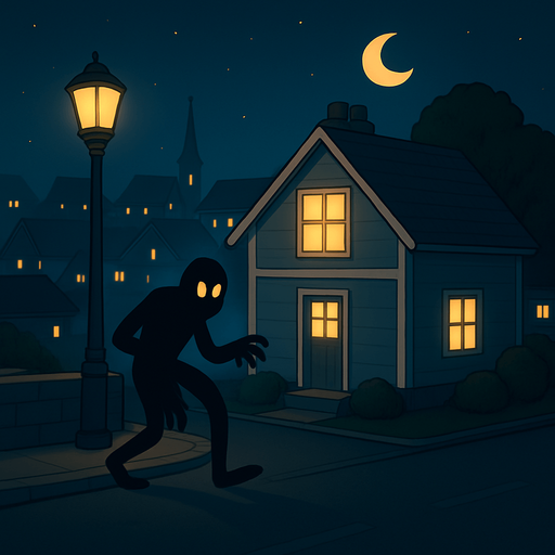 In a dark town street a mysterious shadow figure is creeping around