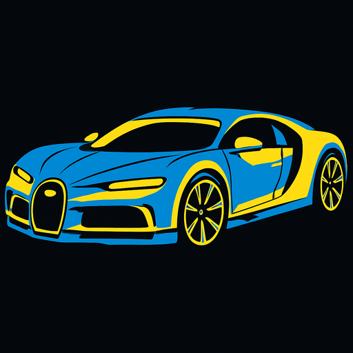 Bugatti veyron but 2025 model and blue and yellow.
In-Game asset.  2d.  High contrast.  No shadows