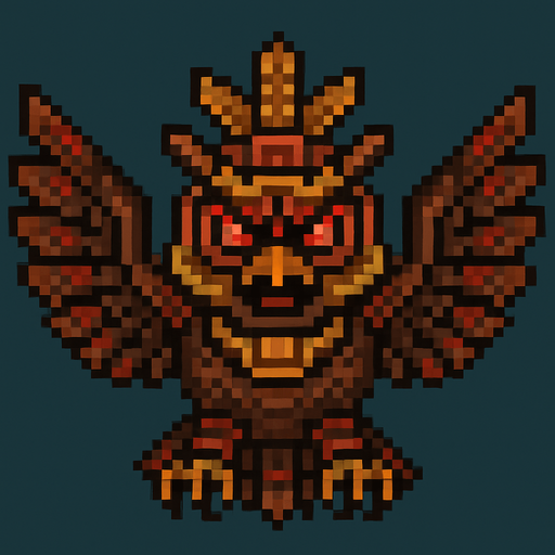 Genérame una Buho de anteojos guerrero azteca con eso patrones, estilo pixelar, con una apariencia maligna, ojos rojos, rabioso. Unidad aerea con alas. Animal.
In-Game asset.  2d.  High contrast.  No shadows