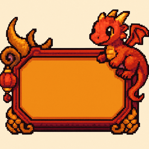 A horizontally-oriented pixel art score frame designed for a fantasy-themed 2D retro game featuring a baby dragon.
The frame is intended to be placed at the top center of the screen during gameplay.
It has a rounded rectangular shape with a rich dark red or deep gold background and mystical decorative accents.
The inside of the frame is filled with a solid warm color (not transparent) to allow number assets to be placed on top.
Small fantasy elements like tiny dragon scales, curved horns, or red lantern motifs can appear on the corners or edges to match the baby dragon theme.
The overall look is mystical, cute, and fits a traditional Eastern-inspired fantasy aesthetic..
In-Game asset.  2d.  High contrast.  No shadows. pixel art. side view. fantasy. retro game. dragon theme. eastern style. cute. rich colors. mystical