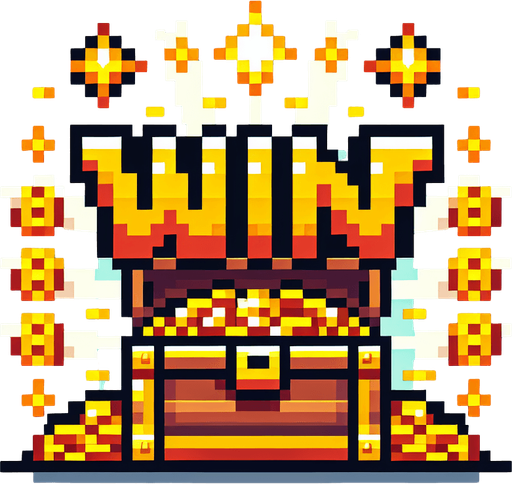 simple golden text saying "WIN". text is bursting out of the treasure chest with golden coins bursting behind the text. pirate themed banner. pixelated. 8 bit..
Single Game Texture. In-Game asset. 2d. Blank background. High contrast. No shadows.