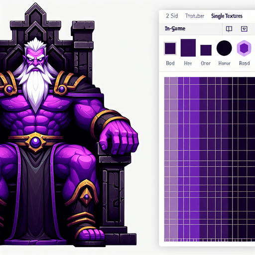 Giant muscular evil wizard with purple skin and a menacing scowl sitting in a black throne..
Single Game Texture. In-Game asset. 2d. Blank background. High contrast. No shadows.