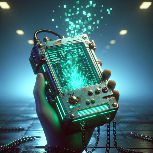 A POV perspective of a retro-futuristic handheld device, its screen glowing softly with greenish-blue digital patterns. The design features a blocky, cyberpunk aesthetic with subtle neon accents along the edges and small, glowing symbols etched into the surface.

Chains around the device are mid-shatter, breaking into faintly glowing fragments that drift away, symbolizing its freedom. The screen flickers with faint digital animations, hinting at its restored functionality without being overly complex. The hand holding the device is faintly lit by the neon glow, with the background melting into a dim, urban cyberpunk haze, emphasizing the sleek yet gritty retro-futuristic vibe..
Single Game Texture. In-Game asset. 2d. Blank background. High contrast. No shadows.