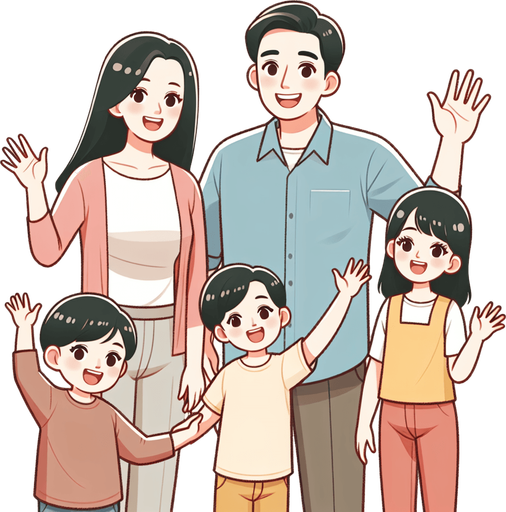 A smiling family waving..
Single Game Texture. In-Game asset. 2d. Blank background. High contrast. No shadows.