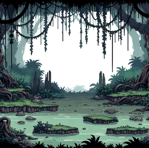 Cartoon tileable swamp background, dark
Single Game Texture. In-Game asset. 2d. Blank background. High contrast. No shadows.