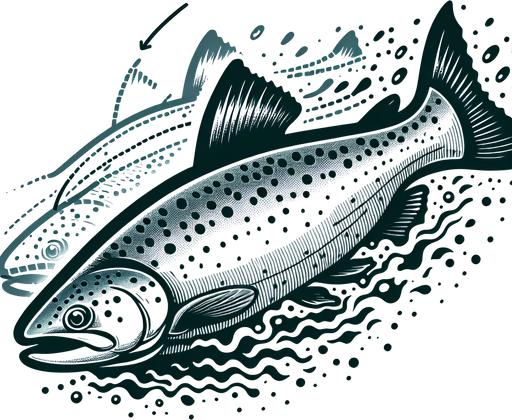 A swimming salmon.
Single Game Texture. In-Game asset. 2d. Blank background. High contrast. No shadows.