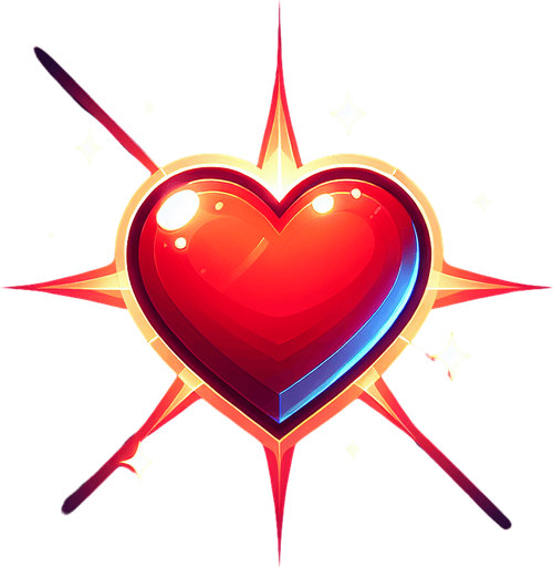 red shining heart symbol.
Single Game Texture.  In-Game asset.  2d.  Blank background.  High contrast.  No shadows