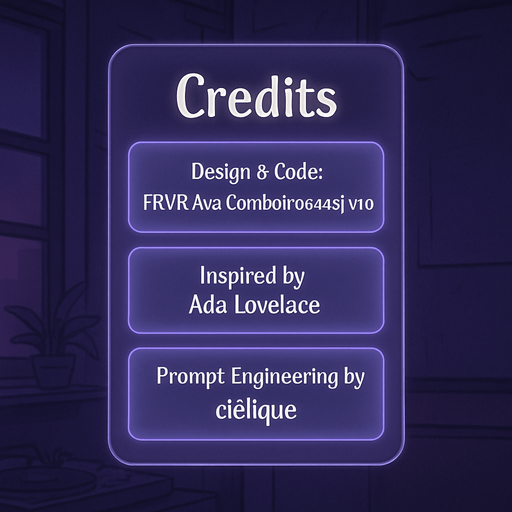 A semi-realistic comic book style “Credits” screen designed for a lo-fi DJ rhythm game, with a clean and minimal layout. The panel floats in front of a transparent or dimly lit background (no shadow, no clutter), size 2048x2732. The design features a softly glowing vertical list of credits, each displayed in elegant white text over slightly frosted glass-like translucent boxes with rounded edges and a faint purple neon glow.

At the top, a bold title reads “Credits” in a stylized modern font, slightly larger than the rest. Below, each credit entry appears like a sleek card, organized vertically with equal spacing between them. There are no borders or separators outside the glow of each box.

Text inside the credit boxes (exact layout):

Design & Code: FRVR.Ava.Combo[POGAAS].v1.0

Inspired by Ada Lovelace

Prompt Engineering by cielique

The UI should blend seamlessly into the rest of the game’s comic-style interface — soft lighting, ambient neon hues (purples, blues), and a tranquil ni.
In-Game asset.  2d.  High contrast.  No shadows
