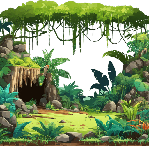 A road in a jungle with a cave nearby