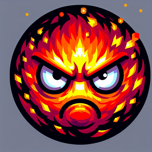 Fireball with angry face.
Single Game Texture. In-Game asset. 2d. Blank background. High contrast. No shadows. 8 bit