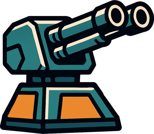 A duo barrel turret.
In-Game asset.  2d.  High contrast.  No shadows