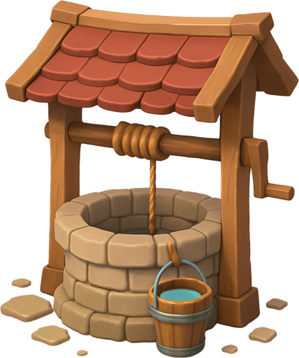 Un pozo con una cubeta llena de agua.
In-Game asset.  No shadows