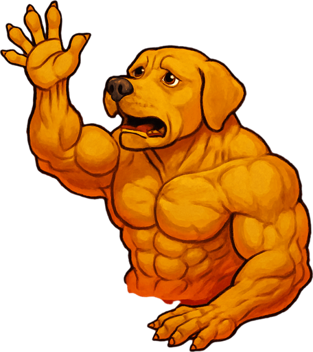 Super buff Golden dog with a hand up laying falling in lava holding his hand out for help. full body. Facing right.
2d.