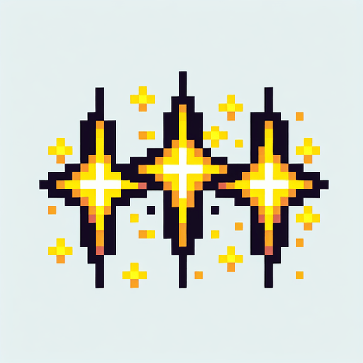3 yellow sparkles, pixelart, no background
Single Game Texture. In-Game asset. 2d. High contrast. No shadows.