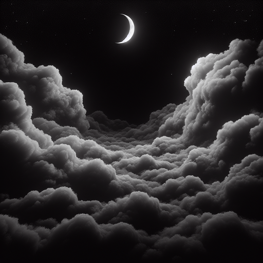 Очень темный фон с облаками и луной реалистичная графика.
Single Game Texture. In-Game asset. 2d. Blank background. High contrast. No shadows.