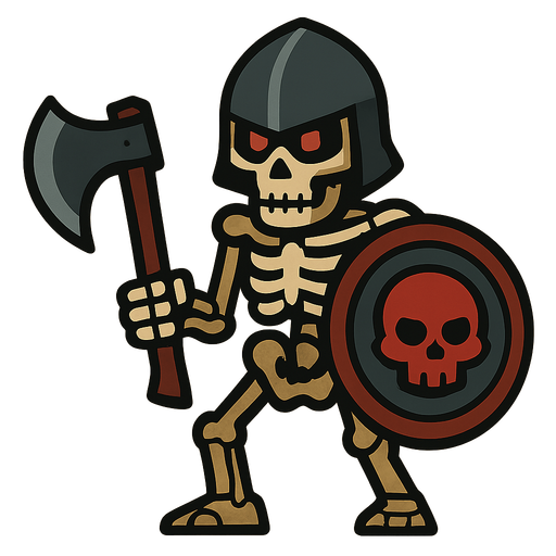 Skeleton with it's skull covered with a dark helmet, a dark axe and a shield with a red skull in the middle.
In-Game asset.  2d.  High contrast.  No shadows