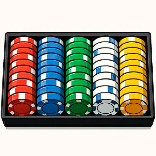 A long rack of different colored poker chips seen from above. Anime style..
In-Game asset.  2d.  High contrast.  No shadows
