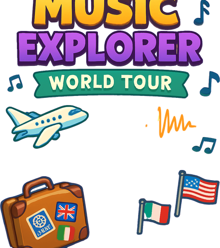 A vibrant, 2D digital illustration of a game title screen for a mobile game called "Music Explorer: World Tour". The background shows a colorful world map faded into the backdrop, with cartoon-style travel elements like a flying airplane, musical notes floating across the sky, sound waves, a suitcase with passport stickers, and flags of different countries . The top area is open and softly glowing for placing the title text. The bottom center has space for a large, fun "Start Journey" button. The style is clean, playful, and polished, perfect for kids and casual players..
In-Game asset.  2d.  High contrast.  No shadows