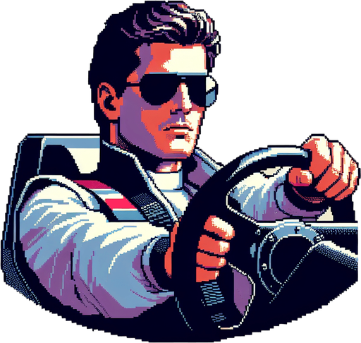 cool looking driver holding a car wheel as if he's driving. 30 years old. vintage retro 1980 style. 3/4 view. pixelated. 8 bit. Single Game Texture. In-Game asset. 2d. Blank background. High contrast. No shadows.
