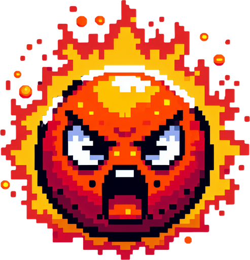 Fireball with angry face.
Single Game Texture. In-Game asset. 2d. Blank background. High contrast. No shadows. 8 bit