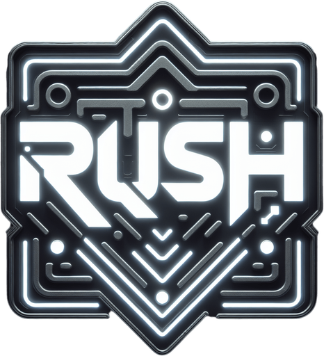 Gray Cyber neon lit logo of the word Rush.
Single Game Texture. In-Game asset. 2d. Blank background. High contrast. No shadows.