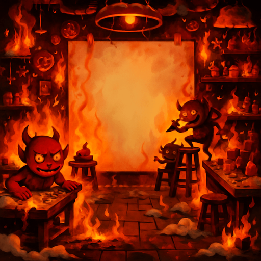 change santas to little devils and make everything chaotic and flames and snows. a whiteboard in the middle of the image as it is now