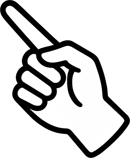 black outline. The back of a hand with a pointing finger pointing to the top-left. Black and white only. Blue background..
In-Game asset.  2d.  High contrast.  No shadows