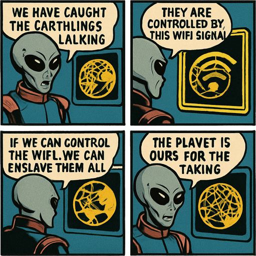 "Comic book style 4 panels of grey alien commander receiving transmission on holographic display showing Earth's internet infrastructure map,  text bubbles saying ' we have caught the earthlings lacking'  'they are controlled by this WiFi signal' 'if we can control the WiFi, we can enslave them all' 'the planet is ours for the taking' sci-fi comic book technology designs".
In-Game asset.  2d.  High contrast.  No shadows