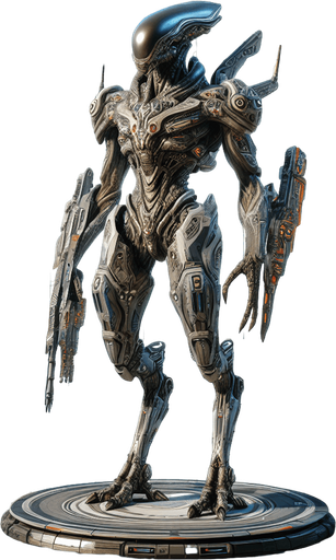 An alien with high tec weaponry and armory.
Single Game Texture.  In-Game asset.  2d.  Blank background.  High contrast