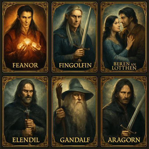 Make 6 collection cards at LOTR style at the same picture. One of them Feanor with silmarils, one of them Fingolfin with his sword, one of them Beren and beautiful Luthien, one of them Elendil with his sword, one of them Gandalf with his staff, one of them Aragorn with his sword. Write names at bottom with golden style.  High detailed, High contrast. Make elfs more elf beautiful and handsome