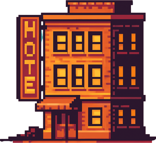 hotel pixel.
In-Game asset.  2d.  High contrast.  No shadows