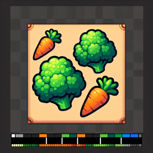 carrots and brocolli.
Single Game Texture. In-Game asset. 2d. Blank background. High contrast. No shadows.