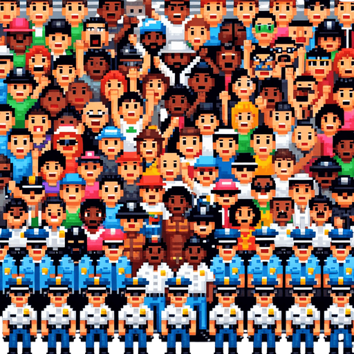 8-bit crowd of police and others cheer.
Single Game Texture. In-Game asset. 2d. Blank background. High contrast. No shadows.