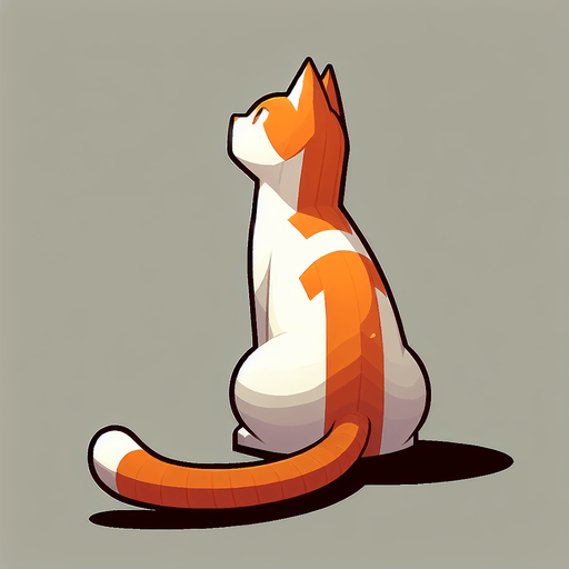 an orange and white cat facing away from the camera. the cat is sitting straight up and looking up, ready to pounce.
Single Game Texture.  In-Game asset.  2d.  Blank background.  High contrast.  No shadows