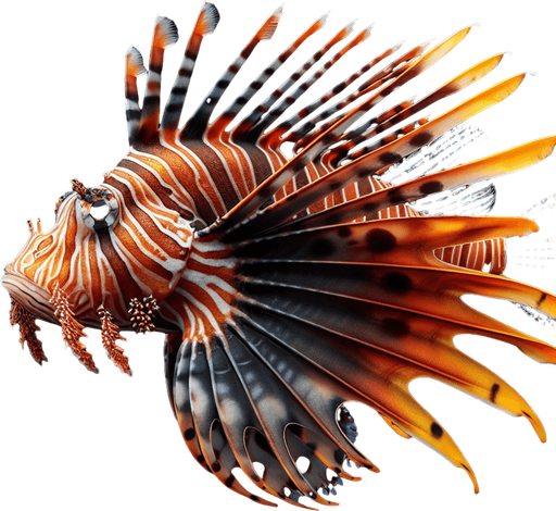 a realistic lionfish.
Single Game Texture. In-Game asset. 2d. Blank background. High contrast. No shadows.