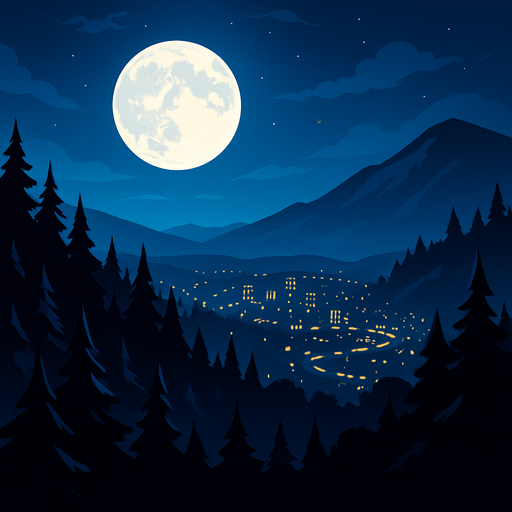 malam bulan purnama diatas hutan dataran tinggi. di kejauhan nampak kota di malam hari.
In-Game asset.  2d.  High contrast.  No shadows