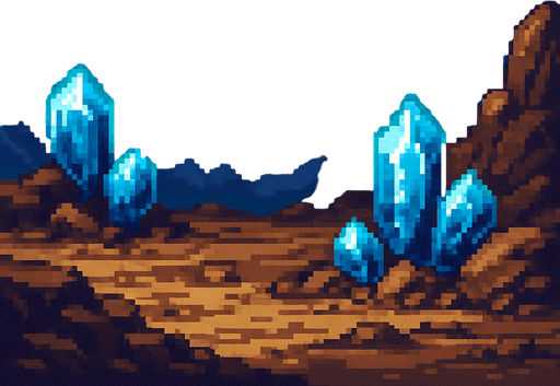 Gran paisaje con piedras brillantes azules callendo del cielo , pixelart.
In-Game asset.  2d.  High contrast.  No shadows