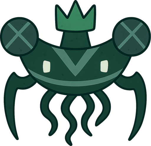A dark green alien boss with two gray orbs around it. On top it has a green crown. Has light gray stripes. No background. Transparent background. Blank background. No shadows. 2d. In-Game asset. flat
