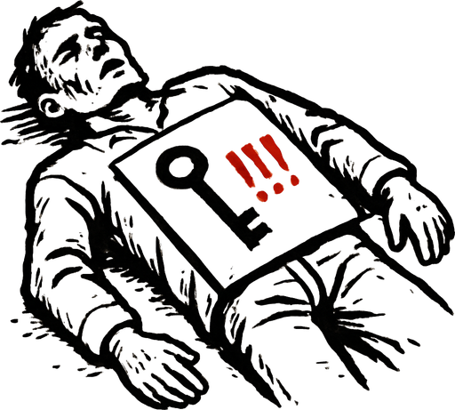 a drawing pic by pen about a dead body have paper on his stomach have key painting and "!!!" beside it, red color of "!!!".
In-Game asset.  2d.  High contrast.  No shadows