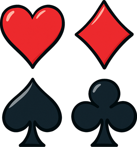The four card suits. Hearts, diamonds, spades and clubs. Anime style..
In-Game asset.  2d.  High contrast.  No shadows