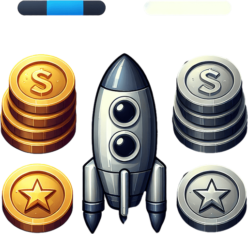 Coins

Rockets.
Single Game Texture. In-Game asset. 2d. Blank background. High contrast. No shadows.