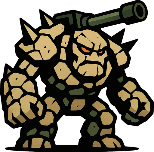 un golem de piedra grande con picos y con un cañon de tanque en la espalda.
In-Game asset.  2d.  High contrast.  No shadows