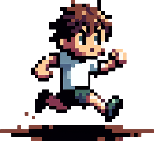 Pixel art,   kid running with a stick..
Single Game Texture. In-Game asset. 2d. Blank background. High contrast. No shadows.