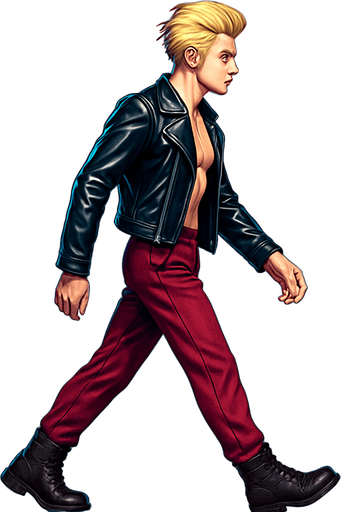Walking, Front arm in front of body, front leg extended behind, back leg in front, limbs positions swapped, Swishy graceful man Cyberpunk manga, side profile view walking animation, shiny black leather biker jacket longsleeves shirtless Skinny abs blonde pompadour guy, wine red joggers combat boots, Background removed, "Full-body character, entirely in frame, no cropping of face, head, or feet" "Complete character visible, from head to toe, fully centered in the image" "Entire character, including face and boots, fully within the frame" Character fully contained within a square frame, no edges cut off fashion model idle pose