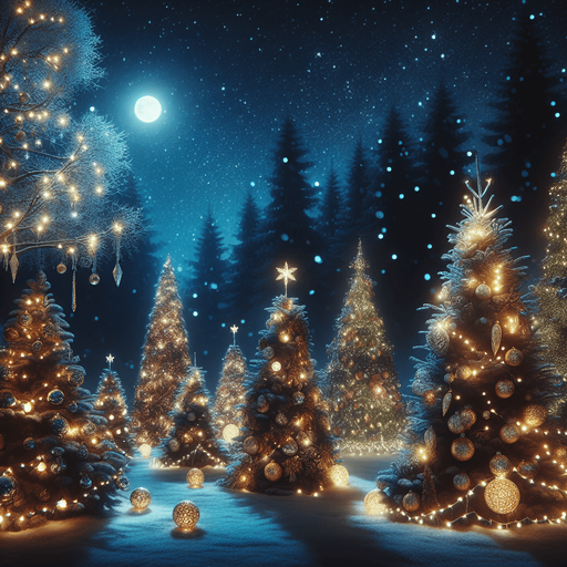 a feeric christmas landscape at night with decorated trees Background image