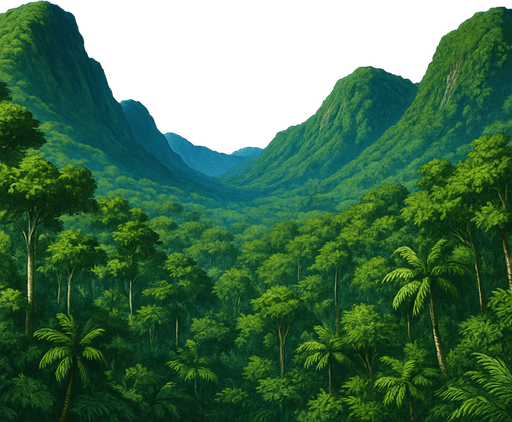 panorame wied gambar hutan tropis pegunungan dan langit biru cerah gaya anime vinland saga