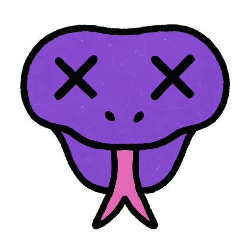 cabeza de serpiente morada con x en los ojos.
In-Game asset.  High contrast.  No shadows. 2d draw, kid draw, simple, minimalistic