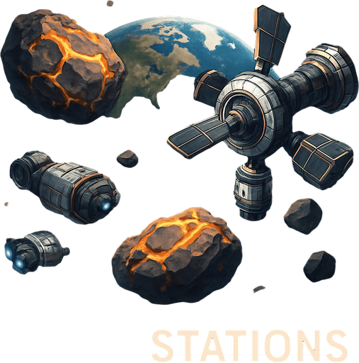 Uzay temalı global Cevher ticareti, uzay istasyonu, gerçekçi, Altında "Space Stations" yazsın.
In-Game asset.  High contrast.  No shadows
